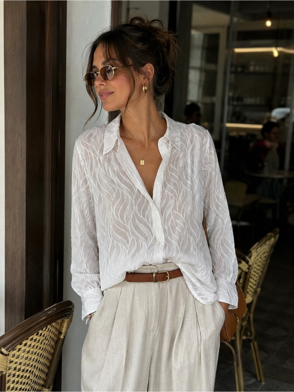 Vintage White Sheer Textured Button-Up Blouse